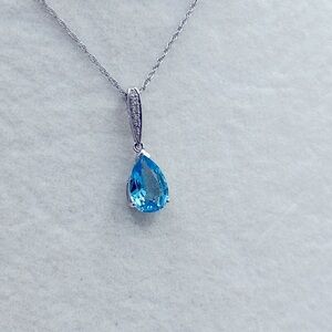 Pear Shaped Blue Topaz W/ Encrusted White Sapphire Bail 925 Setting / Rope chain